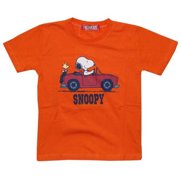 新品 110 スヌーピー 半袖Tシャツ 綿100% 車柄 オレンジ ウッドストック ピーナッツ 男の子 女の子 夏物 保育園 幼稚園 100cm~ 送料無料