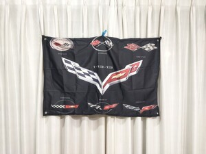 (小)シボレー コルベット エンブレム柄 フラッグ ガレージ バナー 旗 ガレージ 看板 特大 タペストリー CORVETTE 歴代 C1C2C3C4C5C6C7C8
