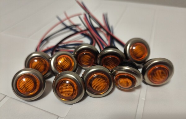 サイドマーカー ボタン型 アンバー12v〜24v 点灯、フラッシュ機能 ストロボ ステンレス枠10個 トラック 緊急車両 点滅IP68ユーロ