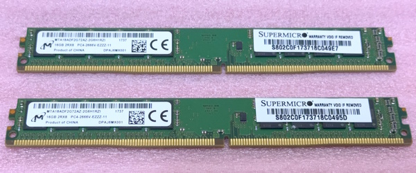 ∠Micron MTA18ADF2G72AZ-2G6H1 2枚セット *PC4-21300/DDR4-2666/PC4-2666V ECC Unbuffered 288Pin VLP DDR4 UDIMM 32GB(16GB x2) 動作品