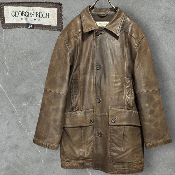 Vintage GEORGES RECH Leather Jacket カーコート 革ジャン レザージャケット ビンテージ ショートコート ファラオコート ブラウン 本革