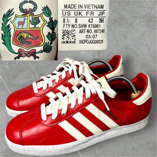 adidas GAZELLE スムースレザー 26.5cm ペルー国章 スニーカー 希少モデル 靴 シューズ アディダス ガゼル レッド×ホワイト US 8.5
