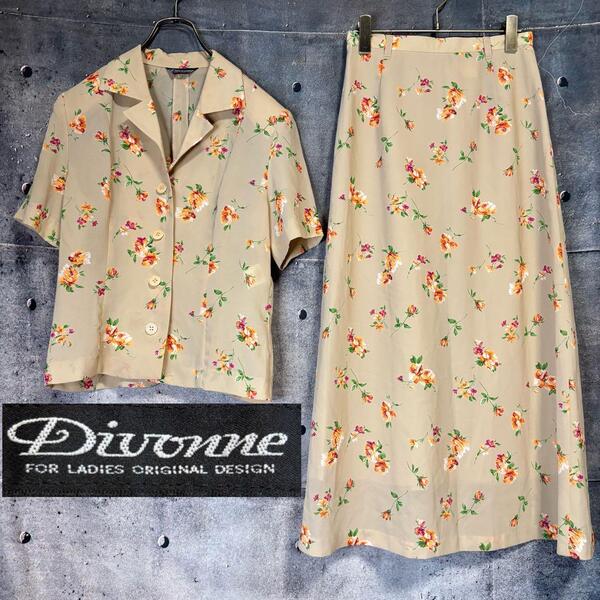 Vintage Floral Setup Beige Made in Japan シアー 開襟シャツ × ミモレ丈スカート セットアップ ヴィンテージ 日本製 花柄 ベージュ 春夏