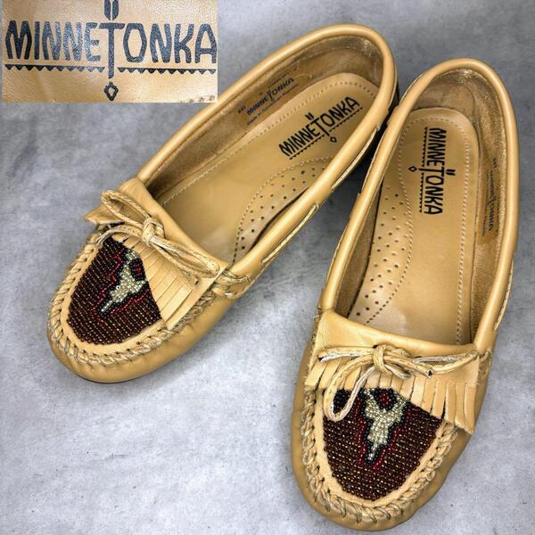 MINNETONKA Thunderbird US5 モカシン 革靴 22cm レディース 本革レザー ベージュ系 ビーズ刺繍 シューズ スリッポン サンダーバード
