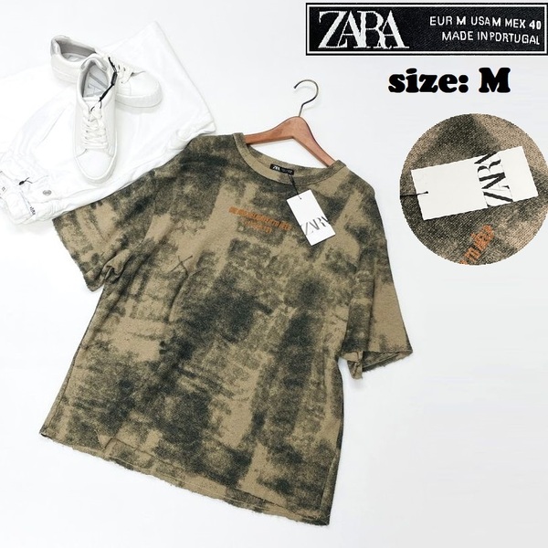 ZARA /M/ ベージュ系 Tシャツ トップス タグ付き 生地 コットン スポーツ バイク ミリタリー キャンプ アウトドア 釣り オレンジロゴ ザラ