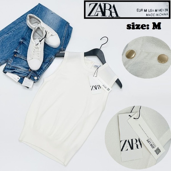 ZARA /M/ ホワイト ノースリーブニットベスト レディース タグ付き カジュアル デイリートップス 大人可愛い生地 通勤 ゴールドボタン ザラ