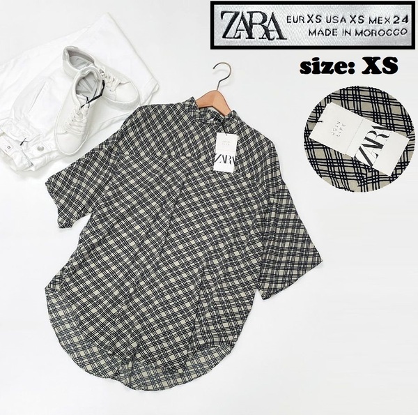 ZARA /XS/ グレー系 ブラウス ネイビーチェック トップス レディース タグ付き カジュアル 通勤 大人可愛い生地 キャンプ アウトドア ザラ