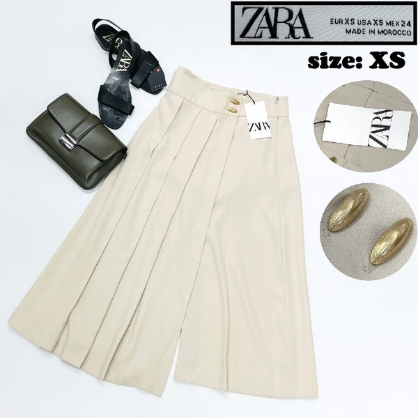 ZARA /XS/ ワイドパンツ レディース タグ付き カジュアル ボトム 通勤 ゴールドボタン 大人可愛いガウチョフレア フォーマル デイリー ザラ