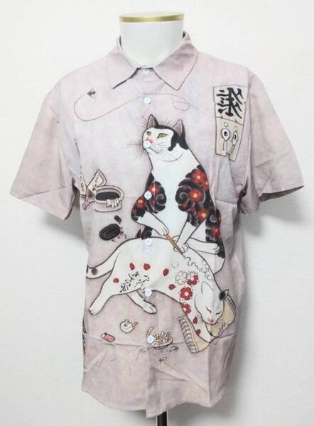 送料無料!【Mサイズ】猫 入れ墨 ネコ 柄シャツ 和柄 和風 妖怪 鬼 モンスター ネオスマ