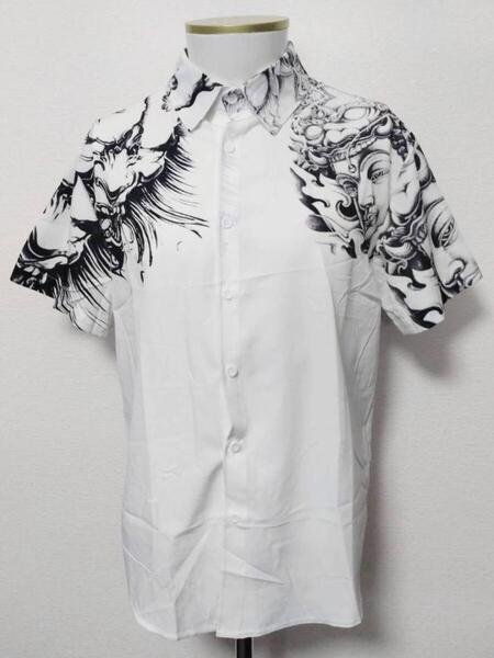 送料無料!【XXXLサイズ】水墨 仏 鬼 般若 柄シャツ 和柄 和風 にっぽん モンスター ネオスマ