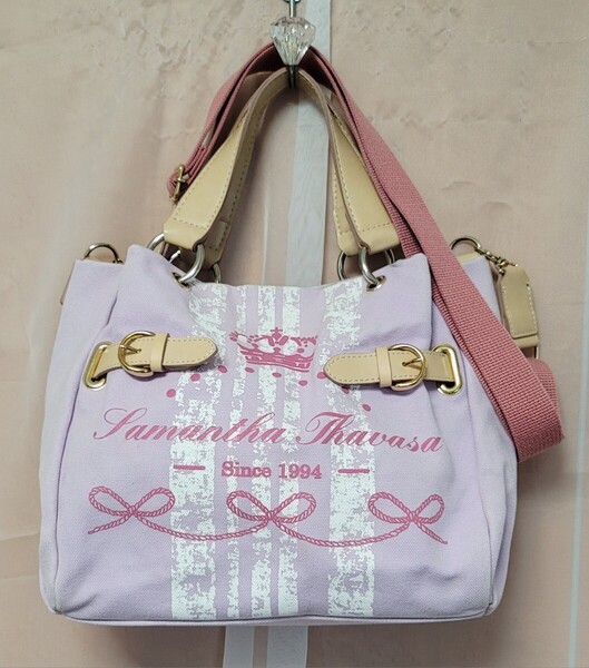 【Samantha Thavasa】サマンサタバサ トートバッグ コットンキャンバス ピンク ショルダー付き 2way