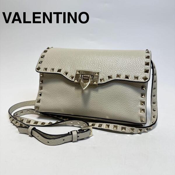 o26【極美品】ヴァレンティノ VALENTINO シボ革 レザー ロックスタッズ ショルダーバッグ アクセサリーポーチ