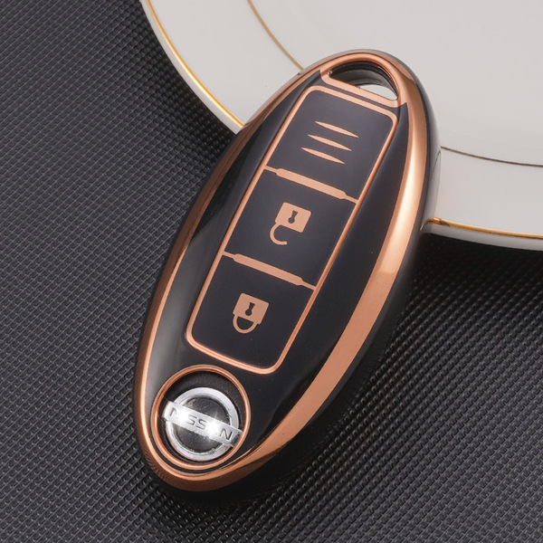 【送料無料、匿名配送】日産Nissan スマートキーケース TPU キーカバー ブラック×ゴールド 3ボタン