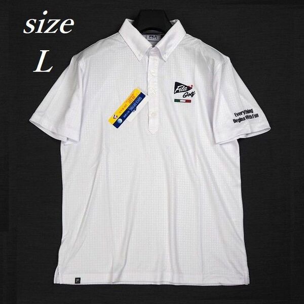 T128 新品 FILA GOLF フィラ ゴルフ 千鳥柄エンボス 半袖 ポロシャツ ゴルフウエア 吸汗速乾 UVカット ホワイト L