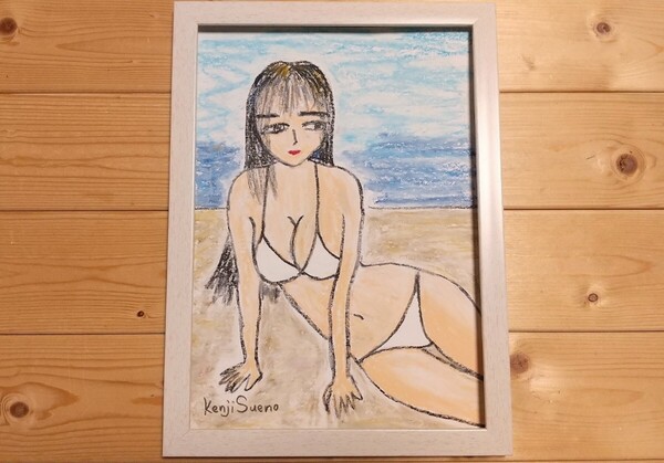 【白ビキニ】手描き 肉筆 クレヨン画 裸婦画 人物画 美人画 絵画 A4サイズ 780,Crayon painting, oil pastel painting, original art 即決