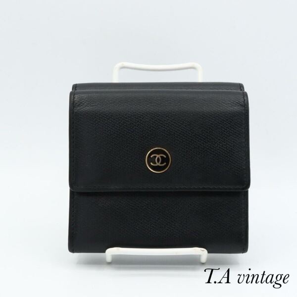 CHANEL 美品 シャネル ココボタン レザー Wホック 折り財布 ブラック
