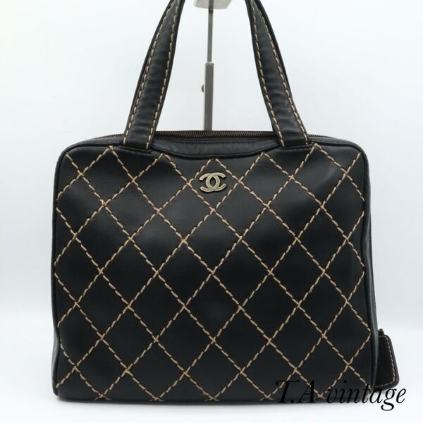 CHANEL 美品 シャネル ワイルドステッチ ハンドバッグ レザー ブラック