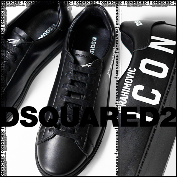 IBRA ICON■新品【DSQUARED2】ディースクエアード清潔感抜群の大胆ロゴが際立つイブラヒモビッチコラボブラックレザースニーカー40/26.8cm