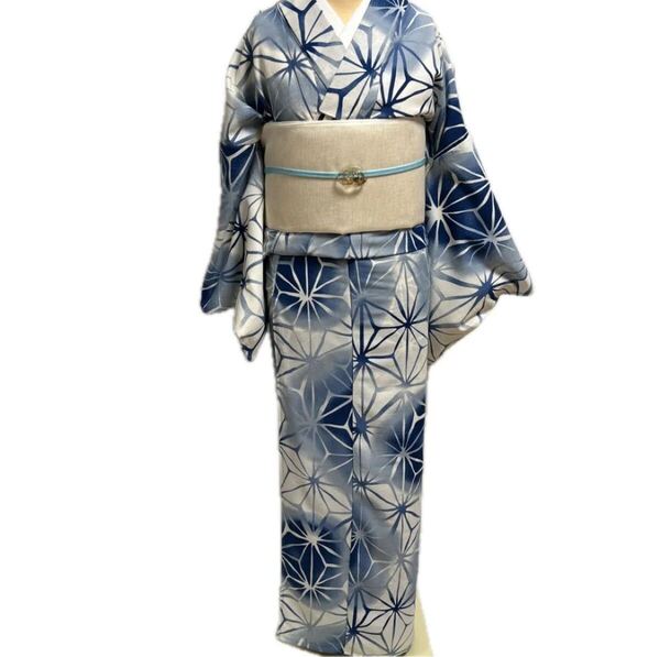 浴衣 ゆかた ユカタ 白にブルー 青 水色 Mサイズ 花火に イベントに 夏 青 麻型 水色 kimono 白にブルー ※色ちがいあり
