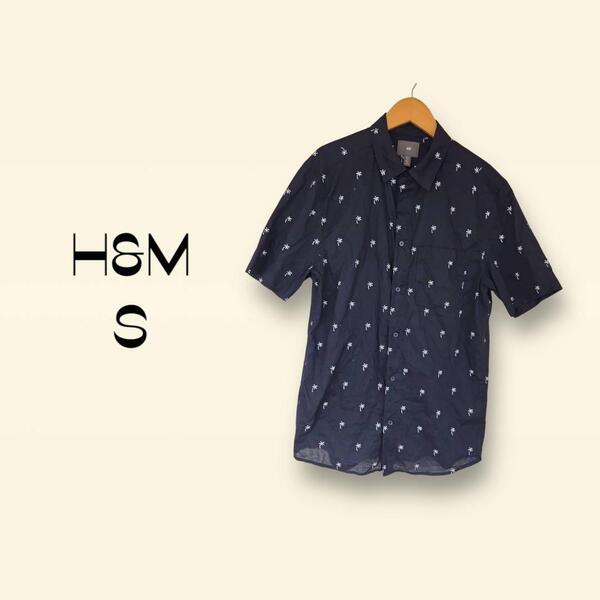 エイチアンドエム H&M シャツ【S】総柄 ヤシの木 ネイビー