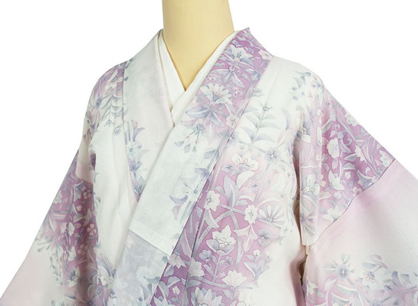 夏物 絽 小紋 ボカシ模様 格子柄に洋花 ポリエステル 11890