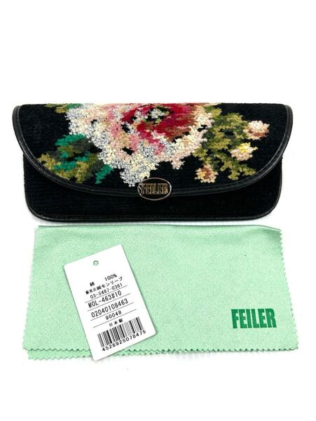 ほぼ未使用 FEILER フェイラー メガネケース 眼鏡ケース 眼鏡入れ 花柄 シュニール織り ブラック レザー