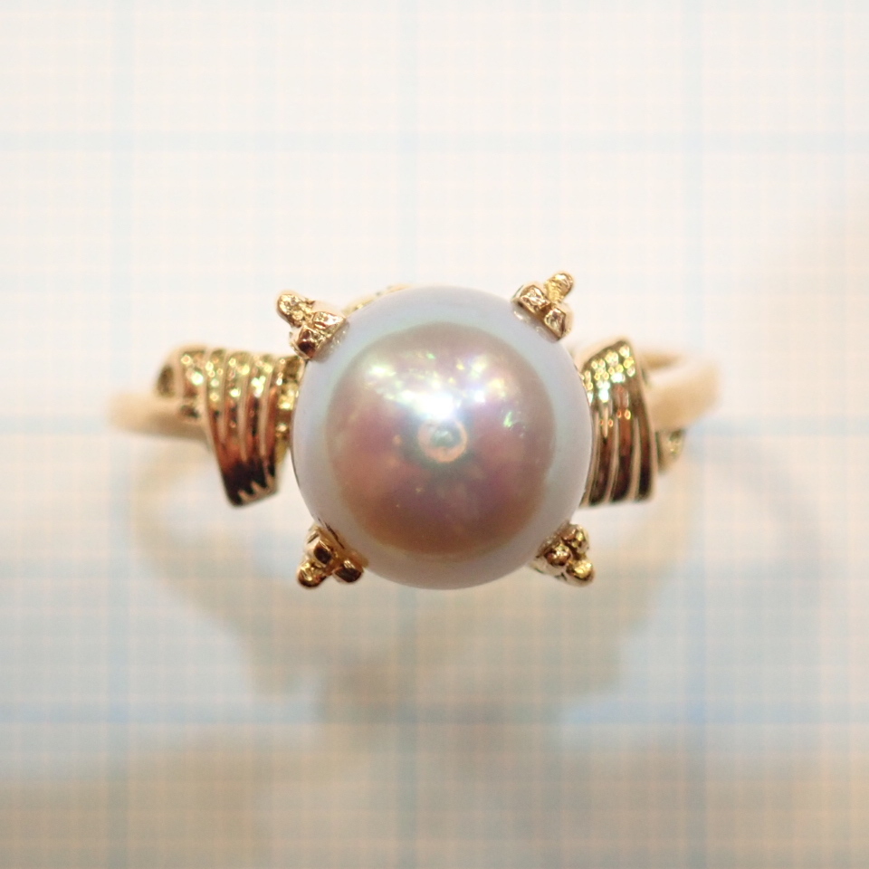 □K18 約8.3mm あこや真珠リング□アンティーク 昭和レトロ□穴