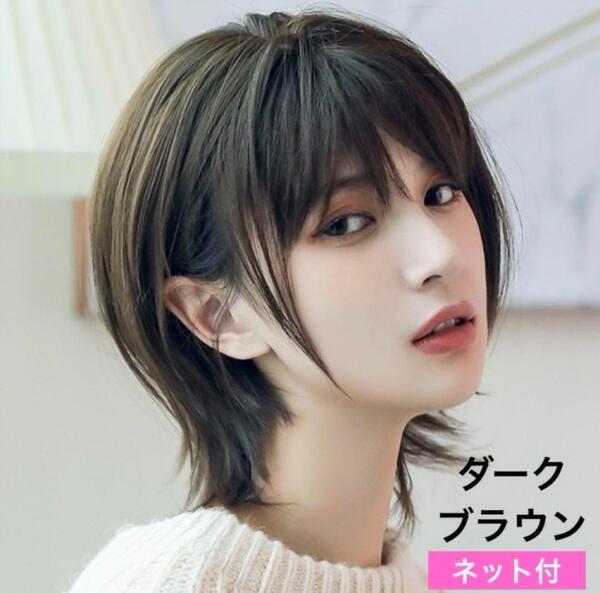 フルウィッグ ショート ウルフ 医療用 ダークブラウン 安い ウィッグ コスプレ かつら おすすめ ネット付き ストレート レイヤー おしゃれ