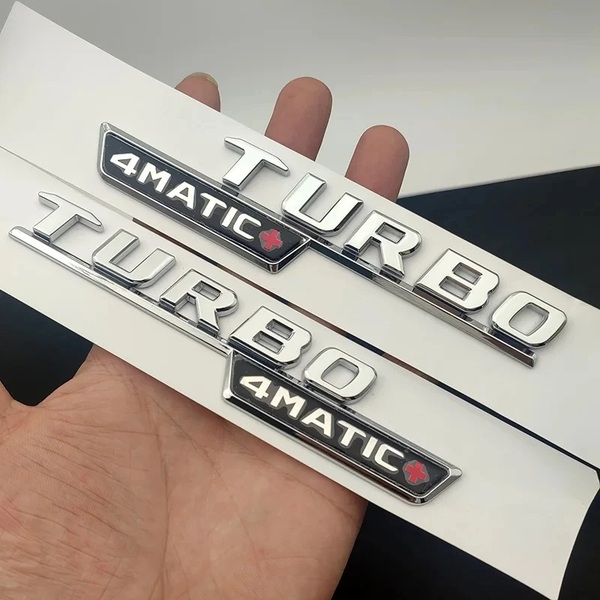【ゆうパケット送料込】TURBO 4MATIC+ 3Dエンブレム 左右2枚組 シルバー ② メルセデスベンツ AMG gt e53 gle53 a35 a45 cla35 cla45