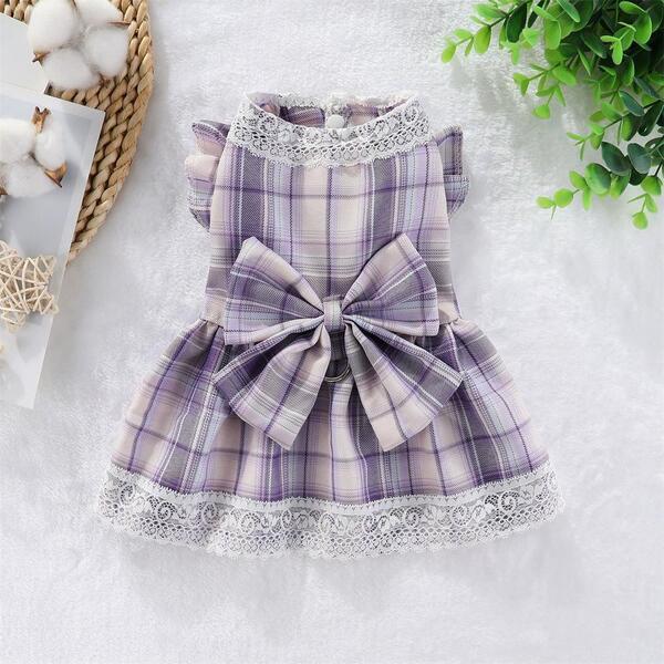小型犬用 チェック柄フリルドレス ペット服 犬服 S ピンクとパープル