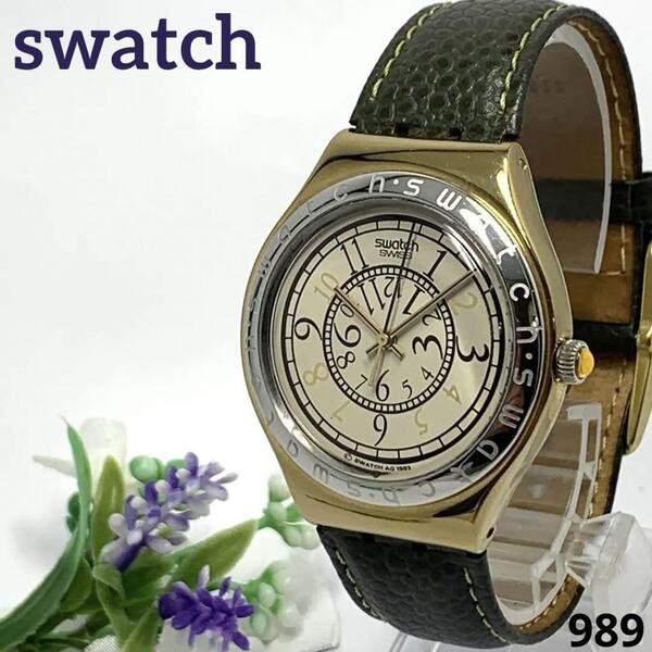 989 稼働品 電池交換済 Swatch スウォッチ SWISS メンズ 腕時計 クオーツ式 3針 コンビ アンティーク調 人気 希少