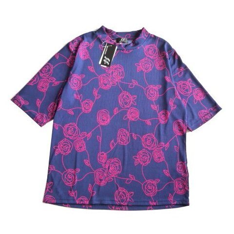 新品 f.f. 薔薇 ハイネック 5分袖 カットソー テロテロ とろみ Tシャツ 総柄 透けない M レディース バラ柄 花柄 ミセス