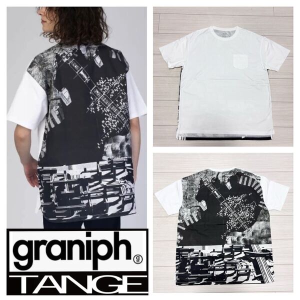 良品■graniph TANGE■丹下健三×丹下憲孝 東京計画1960 Tシャツ L 白 ブラック 世界のタンゲ 名作 クルーネック 異素材コンビ グラニフ