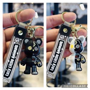 【海外限定・24時間以内発送】クマ型ロボットキーホルダー 2点セット/Lazy Little Animals 黒 白 ブラック ホワイト キーリング 熊
