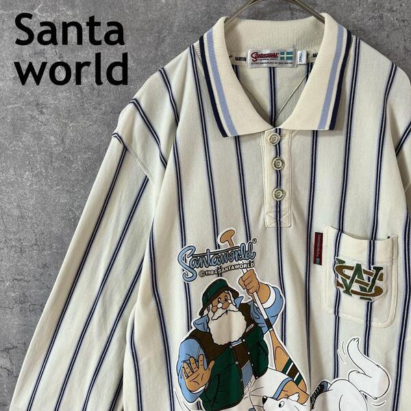 Santa Warld ストライプポロシャツ 長袖 プリント 刺繍 Sメンズ