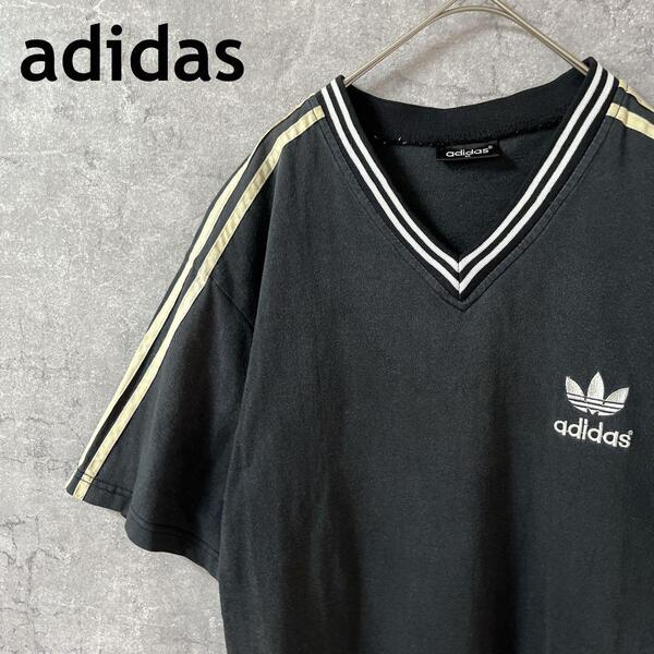 adidas ヴィンテージtシャツ 半袖 Vネック ストライプライン Mメンズ