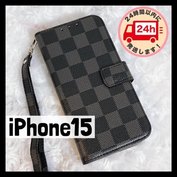 【iPhone15】黒 iPhoneケース チェック柄 手帳型