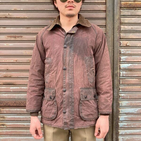 貴重 XS 英国製 90s バブアー BARBOUR ビデイル BEDALE オイルジャケット size C34 86cm ヴィンテージ 3ワラント ワインレッド 赤茶色