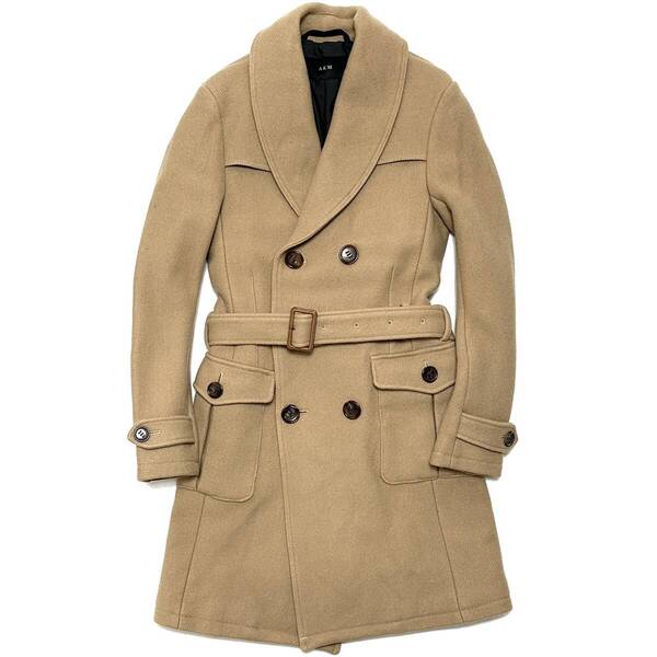 LEON掲載 定価12.6万 AKM SUPER 100S DOUBLE MELTON SHAWL LONG TRENCH COAT サイズS キャメル メルトンショールコート 1piu wjk 1piu