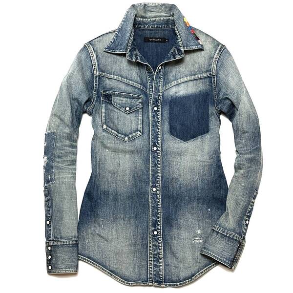 LEON掲載 定価5万 1piu1uguale3 rainbow western 12oz strech founder denim shirt Ⅲ ブルー デニムシャツ akm wjk junhashimoto