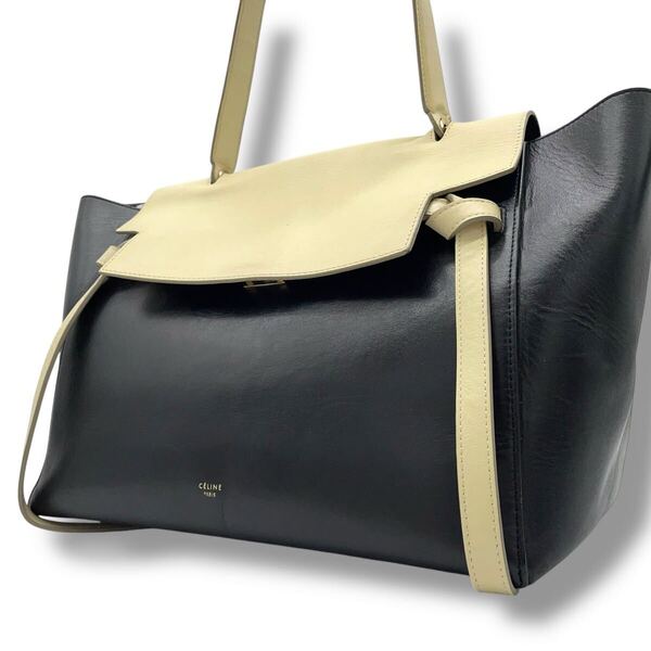 【美品】セリーヌ CELINE ベルトバッグ ハンドバッグ トートバッグ レザー 肩掛け ブラック 黒 アイボリー ロゴ入り バイカラー