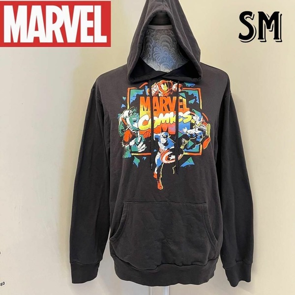 MARVEL マーベル・アベンジャーズ コミック柄 メンズ プルオーバー パーカー フーディ ブラック・黒 薄手 両面プリント スウェット