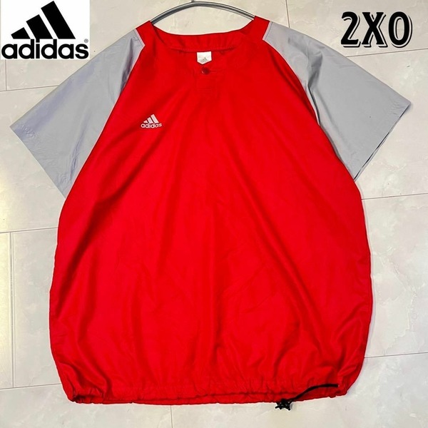 adidas メンズ ナイロンジャケット アディダス プルオーバー 半袖 トップス 4L/3XLサイズ相当 パフォーマンスロゴ レッド×グレー