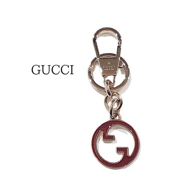 【鑑定済】GUCCI グッチ ブロンディ キーチェーン キーホルダー チャーム ラウンド インターロッキングG ロッソ 赤 ライトゴールド 818798