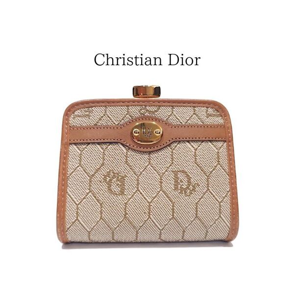 【鑑定済】美品 Christian Dior クリスチャン ディオール CD がま口 財布 小銭入れ コインケース Diorロゴ ハニカム ゴールド【送料無料】