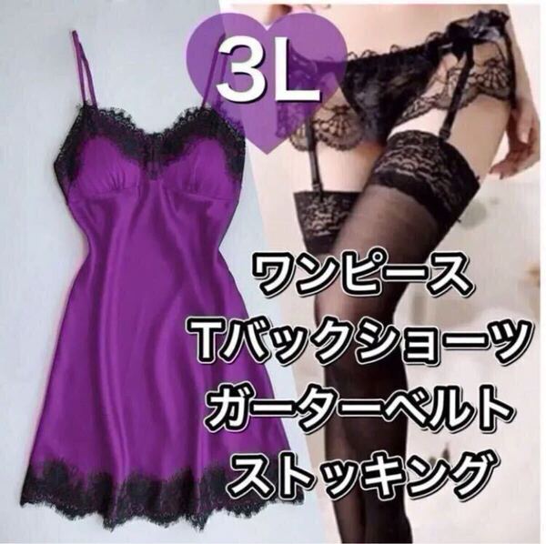 ベビードール Tバック ショーツ ガーターベルト ストッキング パープル 紫 タイツ 3L XXL パジャマ セクシー ランジェリー ガーター