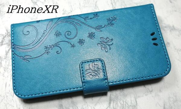 手帳型 iphoneXR 用 ケース 草花 蝶 エンボス ブルー 青色