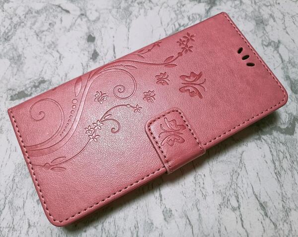 手帳型 iphone15 用 スマホケース 草花 蝶 エンボス ピンク