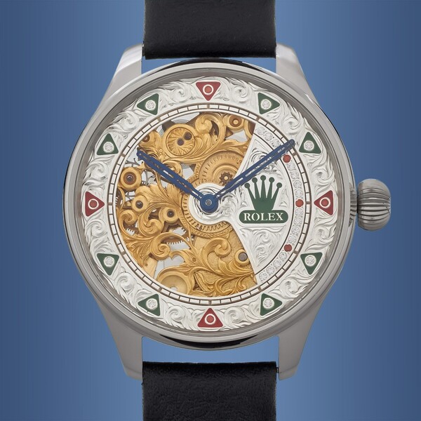 アンティーク Marriage watch ROLEX 懐中時計をアレンジした48mmのメンズ腕時計 半年保証 手巻き スケルトン leather band
