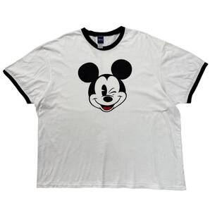 ビッグサイズ 2XL Disney 公式 ミッキーマウス ミッキー ウィンク Tシャツ リンガーネック リンガーT 白黒 ホワイト